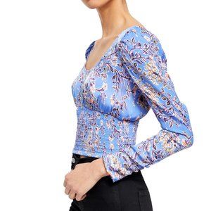 Free People Blue Floral Long Sleeve Scoop Neck Top